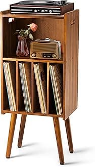 Wooden LP Record Player Stand, 3-Tier Turntable Stand Cabinet Holds up to 100 Albums, Metal Record Storage Holder and Organizer Table, Mid-Century Modern Record Player Holder for Living Room & Bedroom
