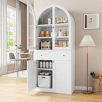 71" Tall Arched Kitchen Pantry Cabinet with Glass Doors, Modern Kitchen Storage Cabinets with Adjustable Shelves and Drawer, Wooden Storage Pantry Cabinet for Living Room, Dining Room, Off White
