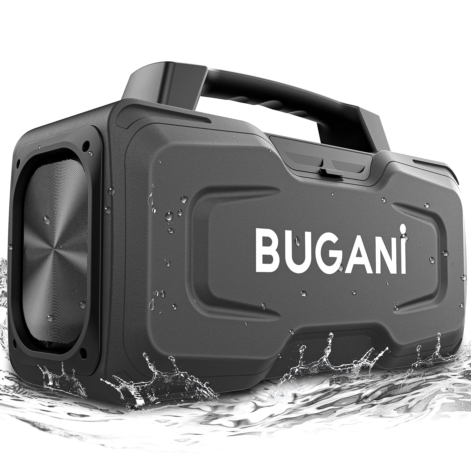 BUGANI Bluetooth Speaker, 80W Powerful Portable Wireless Speakers IPX7 Waterproof Speaker, Outdoor Loud Speakers with Handle 24H Playtime, Support Microphone AUX USB Suitable for Party, Pool, Black
