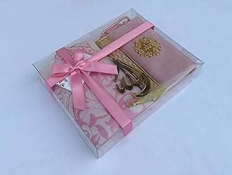 Prayer Rug Set with Thanks Card, Full Arabic Quran Prayer Rug, Beads and Car Hanger Set,Ramadan Eid Wedding Birthday Graduation Mother's Day (Pink)