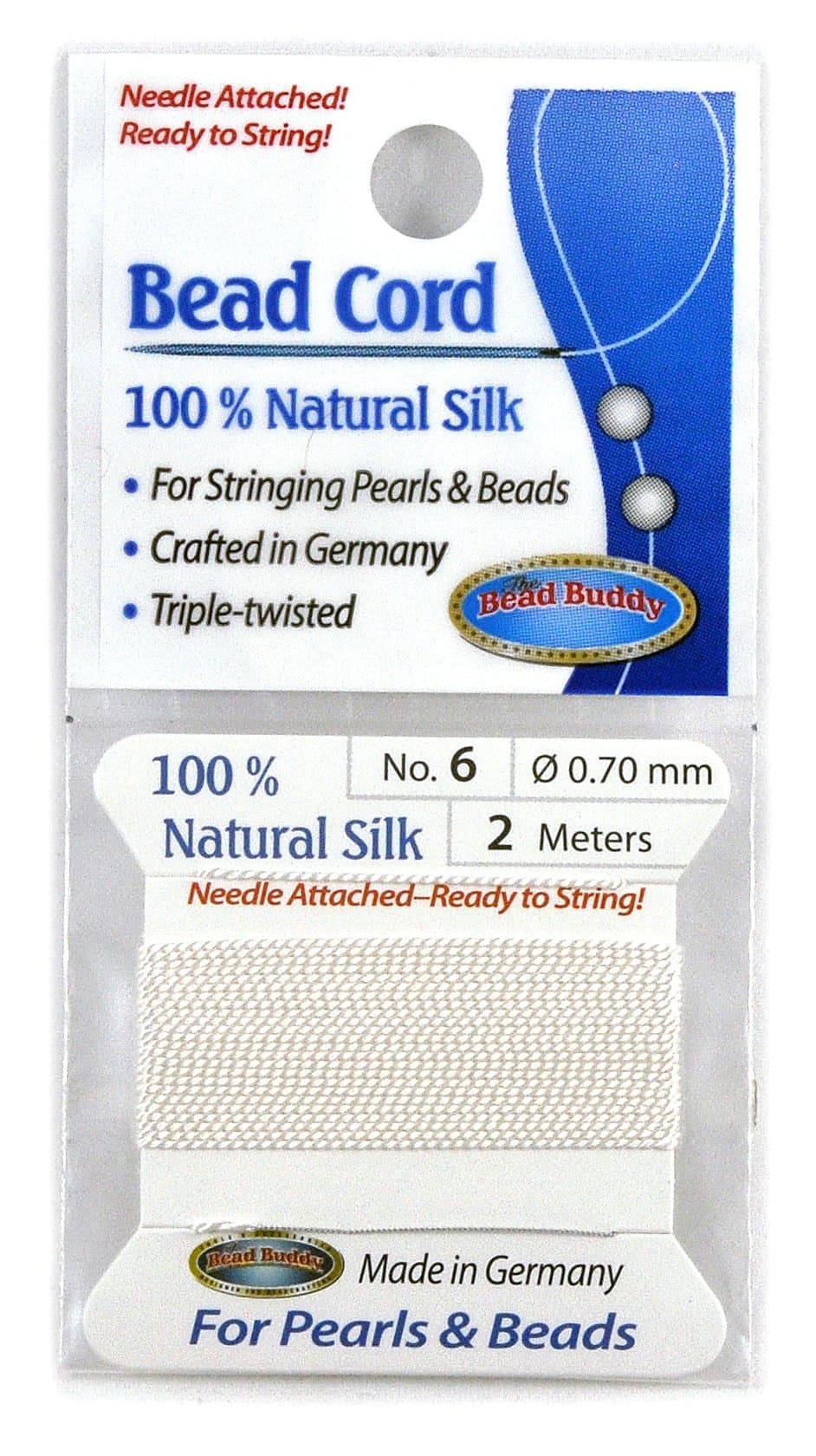 Bead Buddy 0.7mm Natural White Silk Cord Thread with Attached Needle - Ideal for Jewelry Making - 2m Long