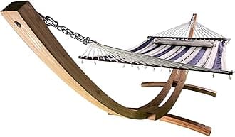 14 Ft. Wooden Arc Hammock Stand + Deluxe Quilted Double Padded Hammock Bed w/Pillow. 2 Person Bed. 450 LB Capacity(Natural Stain/Elegant Blue Stripe)
