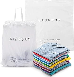 Disposable Travel Laundry Bags for Dirty Clothes, 18x19x4 Inch. 100 Pack White Hotel Plastic Laundry Bags, 1.25 Mil. Semi-Translucent Plastic Disposable Drawstring Bags with Write On Block