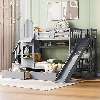 Twin-Over-Twin Bunk Beds Castle Style Bunk Bed with 2 Drawers 3 Shelves and Slide - Gray