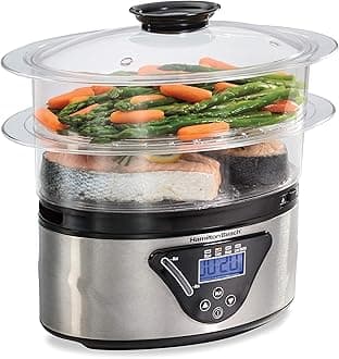 Digital Electric Food Steamer & Rice Cooker for Quick, Healthy Cooking for Vegetables and Seafood, Stackable Two-Tier Bowls, 5.5 Quart, Black & Stainless Steel