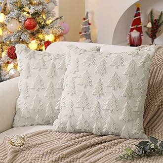 DFXSZ Christmas Tree Pillow Covers 20x20 inch Set of 2 Christmas Decoration Cream White Soft Plush Faux Fur Jacquard Throw Pillows for Bedroom Sofa Holiday Festivals Winter Home Decor PTK006E20