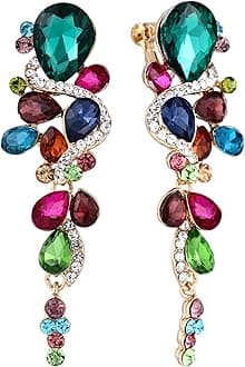 Bohemian Teardrop Cluster Crystal Diamante Clip-On Long Drop Dangle Chandelier Earrings, Statement Earrings for Costume, Wedding Bridal Jewellery for Brides