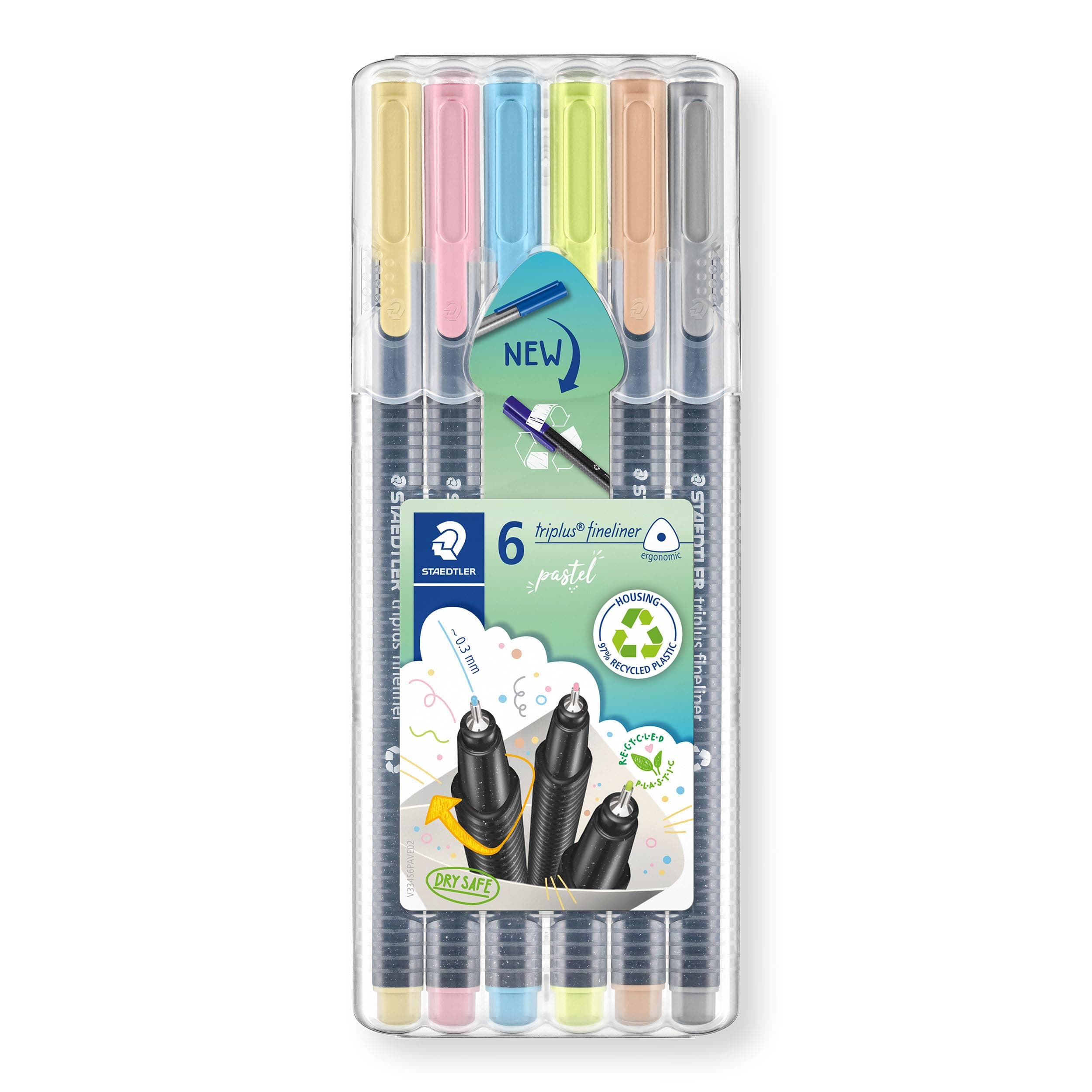 Staedtler triplus fineliner, Triangular Pens 0.3mm, Includes Easel Case for Home & Travel, 6 Pastel Colors, 334 SB6 PA
