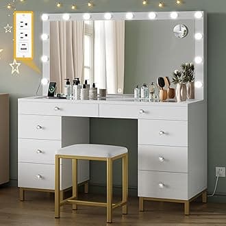 DWVO Vanity Desk with Mirror and Lights, Large Vanity Set with Power Outlet, Makeup Table with 8 Drawers, Dimmable 3 Lighting Colors, Makeup Desk for Bedroom and Dressing Room, WhiteThe Forest Stewardship Council
