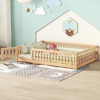 Bellemave Full Size Montessori Floor Bed with Slats, Full Size Floor Bed with Door and Fence, Easy Assemble Montessori Beds for Kids, Girls, Boys, Natural