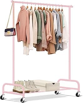 SLEEPING LAMB Heavy Duty Clothes Racks for Hanging Clothes, 43" Wide Rolling Garment Rack Metal Clothing Rack with Wheels Wardrobe Rack for Coats, Shirts, Dress (Pink)