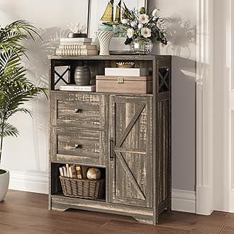 Fameill Farmhouse Storage Cabinet with 2 Drawers & Shelves,Freestanding Kitchen Cabinet with Doors,Floor Storage Organization for Living Room,Bathroom,LaundryDark Rustic Oak