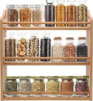 FoverOne 3-Tier Bamboo Spice Rack, Seasoning Jars Rack Shelf Spice Containers Organizer for Kitchen Countertop or Wall Mounting, 5.11" D x 15.74" W x 16.53" H