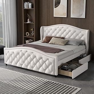 ModernLuxe Upholstered Double Bed 135 * 190, Double Bed Frames with Slatted Frame, 2 Drawers Storage and Pull Point Rivets Headboard, Wooden Slat Support, Guest Bed, Faux Leather, White
