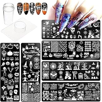 OMDBAGD Halloween Nail Stamper Kit 6 Pcs Nail Plates +1 Nail Stamper + 1 Nail Scraper Horror Skull Spider Ghost Bat Nail Art Design Template Nail Stencils Plates Nail Supplies Tools Nail 8pcs Set