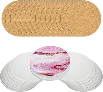 Ceramic Tiles for Crafts - 14 Pack 4-Inch Unglazed Ceramic Coasters with Cork Backing Pads - Use with Alcohol Ink or Acrylic Pouring - DIY Round Coasters