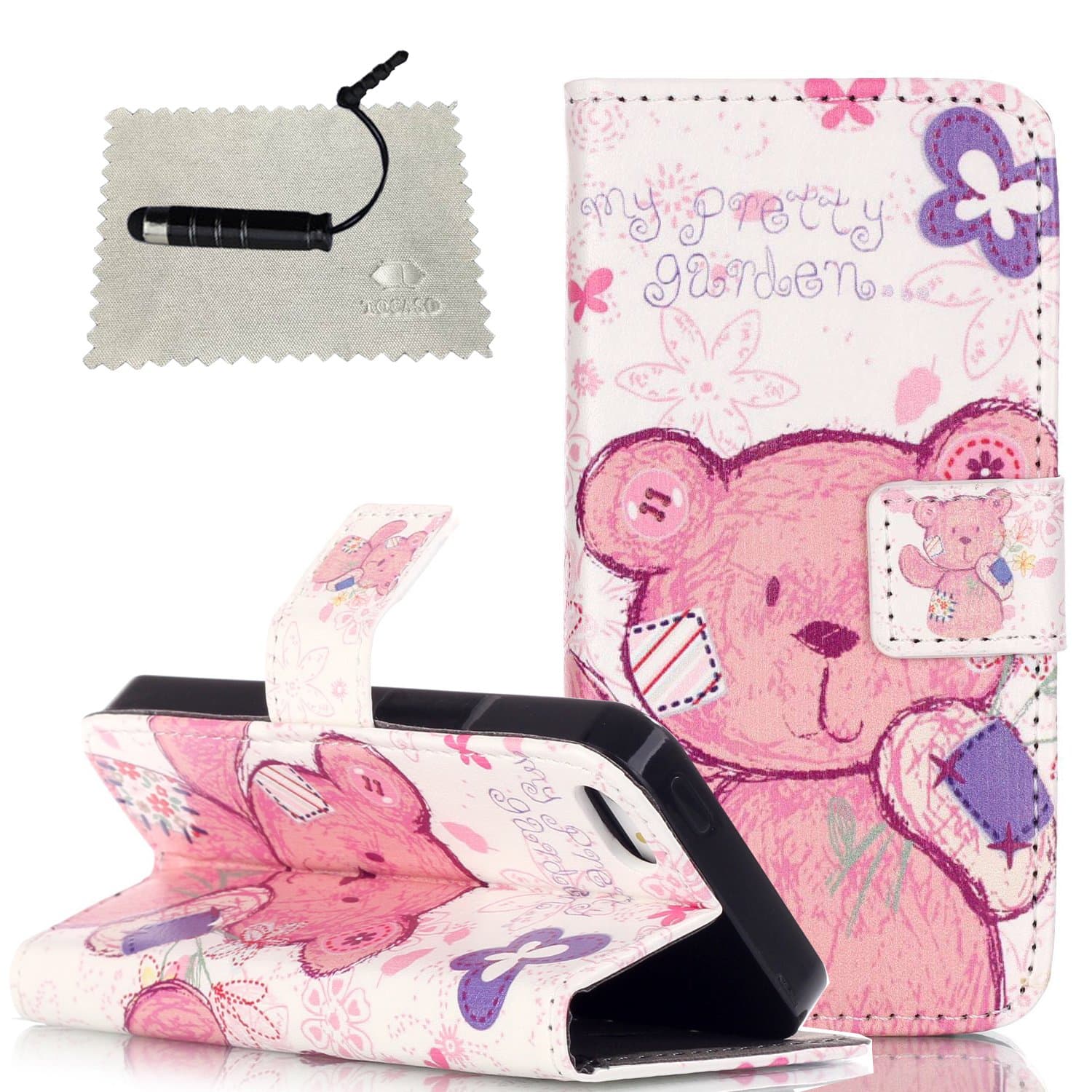 TOCASO iPhone 5C Case Pink,iPhone 5C Case for Girls,iPhone 5C Flip Cover, Book Style Slim Bear Doll Pattern PU Leather Wallet Case Soft Silicone Inner Back Cover Holster Protective Case for iPhone 5C