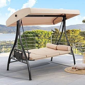 HOMREST 3 Person Outdoor Porch Swing with 1.5" Deep Cup Holder, Adjustable Canopy, Backrest, Patio Swing Bed with Weather Resistant Steel Frame, Cushions for Garden,Deck and Poolside(Khaki)