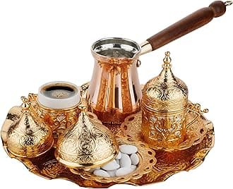 DEMMEX Turkish Greek Arabic Coffee Making and Serving Full Set with Cups Saucers Lids Sugar Bowl Tray and Copper Coffee Pot, Hand Decorated with Gold Crystals, 12 Pcs (Gold)