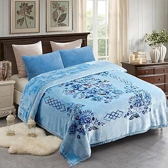 JML Korean Style Mink Blanket Heavy King Size 87" x 94", 10.5 Pounds Plush Fleece Blankets for Winter- Silky Soft and Warm, 2 Ply A&B Printed Embossed Raschel Bed Blanket (Flowers Branches Blue)