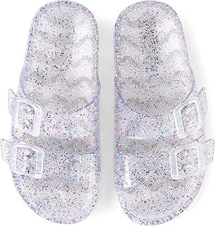 The Children's Place Girls Double Buckle Slip On Slide Sandals, White Paint Splatter