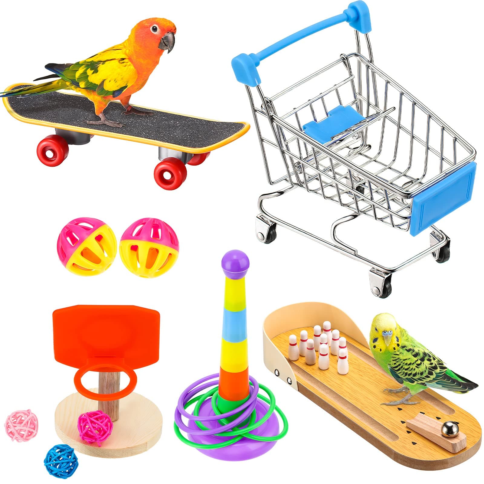 Skylety 10 Pcs Bird Training Toys Parrot Intelligence Accessories Include Bowling Basketball Toy Rings Shopping Cart Skateboard Bell Ball for Parakeet Cockatiel Macaw Parrot, Random Color