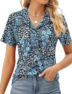 Rapbin Women's Polo Shirts Lapel Collar V Neck Short Sleeve Blouse Dressy Casual Tunic Tops