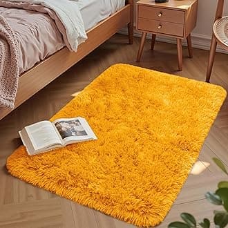 Aspire Homeware Rugs Living Room - Small Area Rugs for Bedroom - Anti Slip Modern Fluffy Shaggy Rug Super Soft Thick Pile Non Shedding, Ochre, 50cm x 80 cm