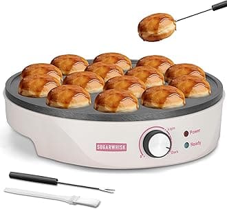 SugarWhisk Mini Pancakes Maker Machine with 14 Larger & Deeper Grooves, Electric Mini Pancake Pan, Aebleskiver Pan, Ebelskiver Pan, Browning Controllable, White