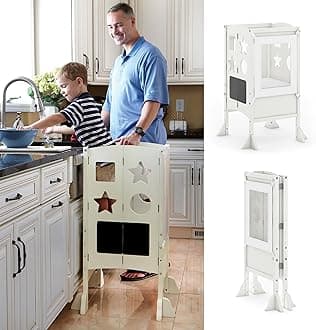 Classic Kitchen Helper® Stool - Ivory: Foldable Toddler Tower with Adjustable Height Platform | Premium Learning Montessori Collapsible Step Stool for Kids