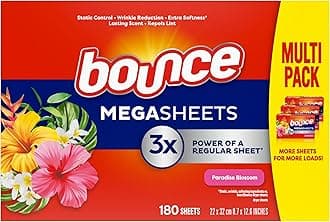 Mega Dryer Sheets, Paradise Blossom, 180 Count, Mega Fabric Softener Sheets with Static Control, Wrinkle Reduction, Extra Softness, Lasting Scent, Repels Lint