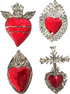 Mexican Hearts Milagros Charms Tin Painted Sacred Heart Ornaments Handmade in Mexico Metal Folk Art Wall Decoration (Set of 4) Large 5.5 inches Milagros Gris y Rojo Grandes