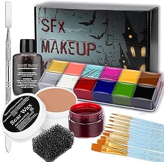 Wismee Pro SFX Makeup Special Effects Kit 12 Colors Face Body Paint Oil Based with Scar Wax,10 Face Paint Brushes,Spatula Tool,2 Fake Scab Blood,Black Stipple Sponge