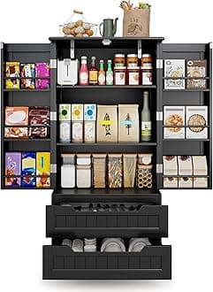 Gizoon Kitchen Pantry Storage Cabinet with Drawers Freestanding Bathroom Storage Cabinets with Doors and Shelves, 47" Small Food Pantry Cabinet for Dining Room Craft Room, Black