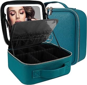 MOMIRA Travel Makeup Bag Cosmetic Bag Makeup Organizer Bag with Lighted Mirror, Adjustable Brightness in 3 Color Scenarios, Waterproof Makeup Train Case, Gift for Women - Greenish Blue