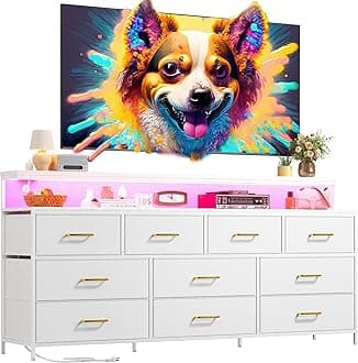 EnHomee 55" W White Dresser for Bedroom with 10 Fabric Drawers Long Dressers & Chests of Drawers with LED Lights & Power Outlets Large Dresser for Bedroom for Hallway, Metal Frame, White