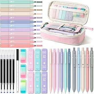 Four Candies 39 PCS Aesthetic School Supplies with Cute Pen Case, 12 Pastel Highlighters, 5 Black Ink Gel Pens, 6 Mechanical Pencils Set for Students Stationary College Essentials (Pink)