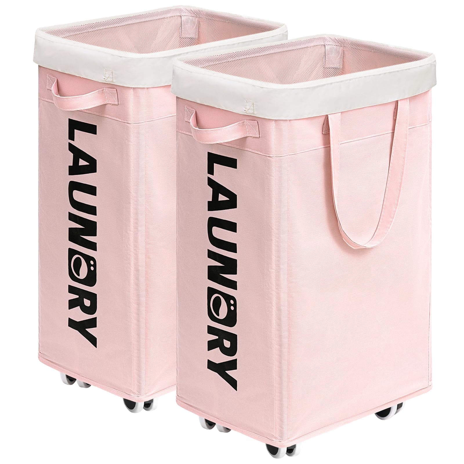 CHICVITA Laundry Hamper with Wheels 2-Pack, 75L Collapsible Laundry Basket with Removable Wash Bags, Pink Laundry Hamper for Corner Dorm, Rolling Laundry Basket on Wheels
