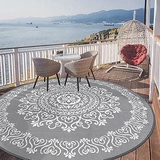 Pauwer Waterproof Outdoor Rug 8ft, Reversible Plastic Straw Patio Camping Rug, Indoor Outdoor RV Mat Carpet for Deck, Camper, Porch, Balcony, Backyard, Picnic, Floral Grey