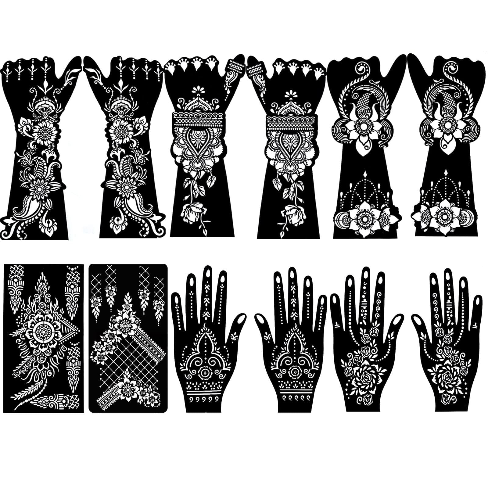 12 Sheets Large Henna Tattoo Stencils Kit,Self Adhesive Temporary Template For Women Girls Hand Body Paint Indian Arabian Tattoo Stickers