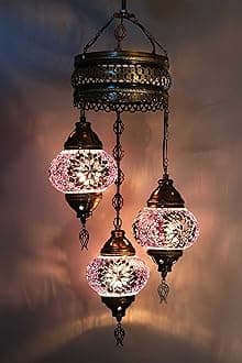 Asylove Turkish Ceiling Lamp, Mosaic Pendant Lamp Turkish Chandeliers 3 Globe Moroccan Ceiling Lighting Art Deco Brillant Fixture, 5 inc Globe - Total Dimensions 14x14x35 inch (Purple)