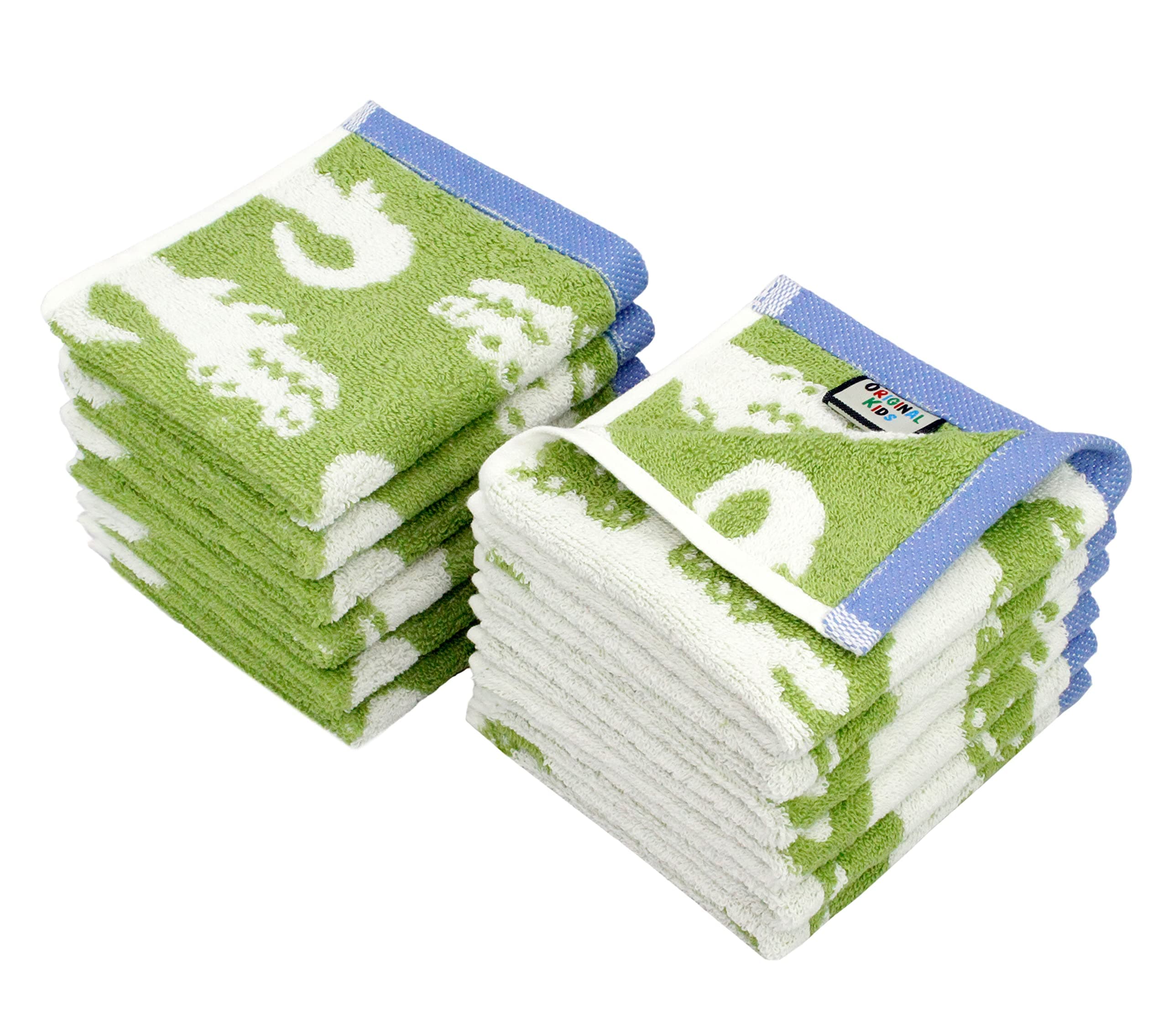 Original Kids Bath Time in A While Crocodile Set of 12 Washcloths, Cotton, 12 x 12 inch, White Green and Blue, 630GSM