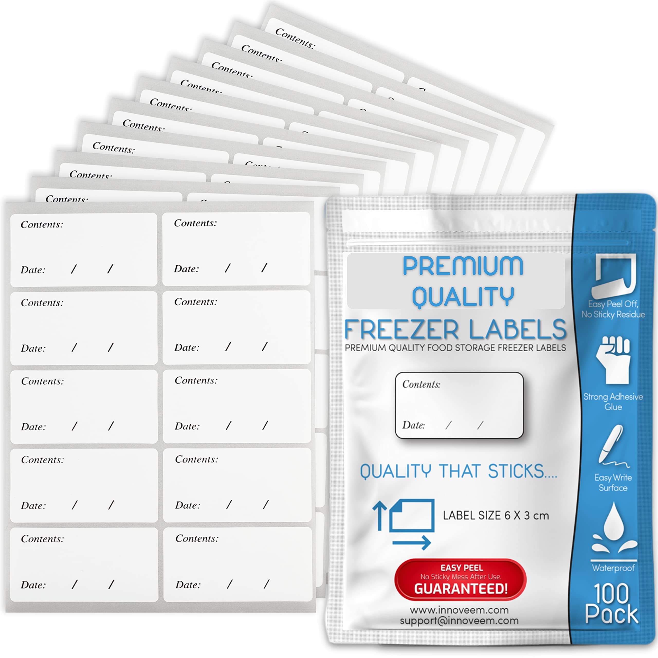 Freezer Labels Easy Peel Off - Frozen Food Labels Stickers That Leave No Sticky Residue After Use - Perfectly Sized Reusable Fridge Labels (6 x 3cm) with Easy to Write Surface. [100 Pack]