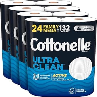 Cottonelle Ultra Clean Toilet Paper with Active CleaningRipples, 1- Ply, 6 Count (Pack of 4), (24 Family Mega Rolls= 132 Regular Rolls), 388 Sheets per Roll, Packaging May Vary