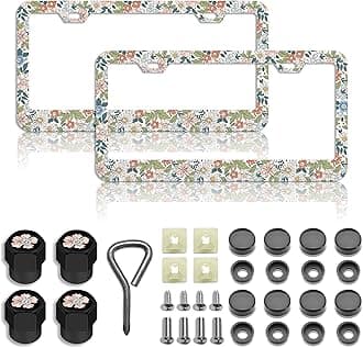 Peachy Flowers License Plate Frame Premium Boho Flowers Steel License Plate Holder Compatible All Vehicle License Plate Tag Cover,Boho car Accessories