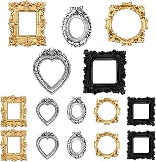 Vicenpal 15 Pcs Vintage Mini Picture Frames Baroque Antique Small Resin Jewelry Display Table Frame for Christmas DIY Photo Holiday Party Decoration (Black,Gold,Silver)