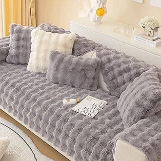 MERRYLIFE Thick Plush Faux Rabbit Fur Sofa Slipcovers 1-Piece Non-Slip Warm Soft Cozy Sofa Cushion Furniture Protector(Grey, Sofa Cushion 27"x82")