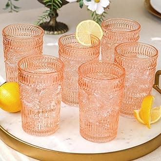 Kate Aspen Vintage Textured Rose Gold Striped Drinking Glasses Set of 6, (13 oz) Ribbed Glassware Set | Cocktail Set, Ice Tea Glasses, Juice Glass, Water Cups