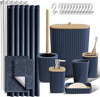 Bathroom Accessories Set - Bathroom Set, Bathroom Sets with Shower Curtain and Rugs, Shower Curtain Set with Bathroom Trash Can - Navy - 22PC