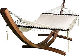 14 Ft. Wooden Arc Hammock Stand + Deluxe Hand Woven Bohemian Chic Rope Hammock Bed. 2 Person Bed. 450 LB Capacity(Teak Stain/White)
